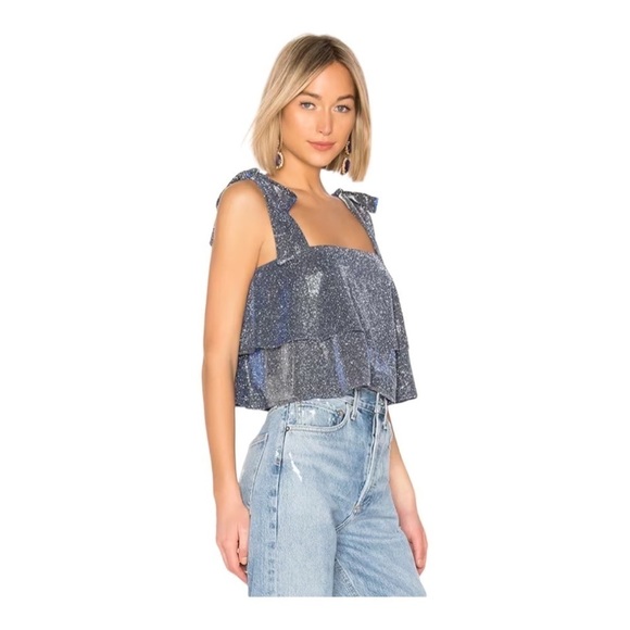 NEW Superdown Helene Top Sparkling Shoulder Ties In Metallic Blue M - Picture 3 of 9